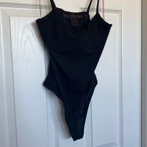 Ribbed wired black thong bodysuit